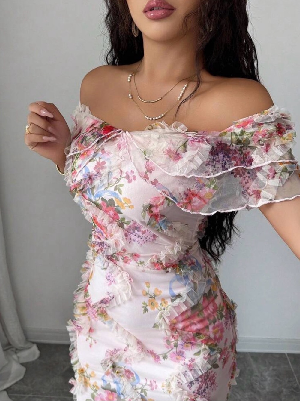 Floral Off-Shoulder Ruffle Midi Dress - Pink